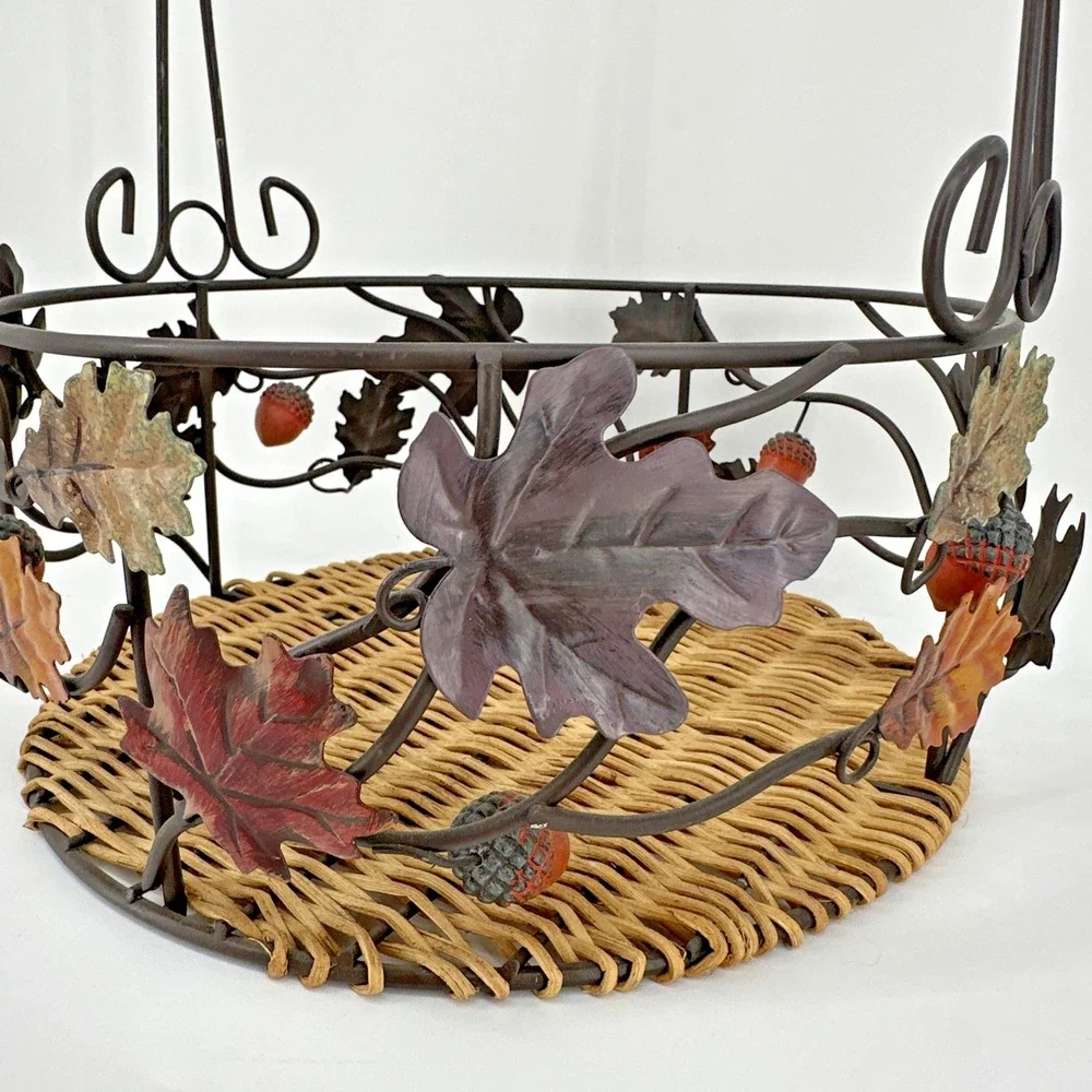 Fall Harvest Metal & Rattan‎ Basket with Handle Autumn Decor Leaf Acorn